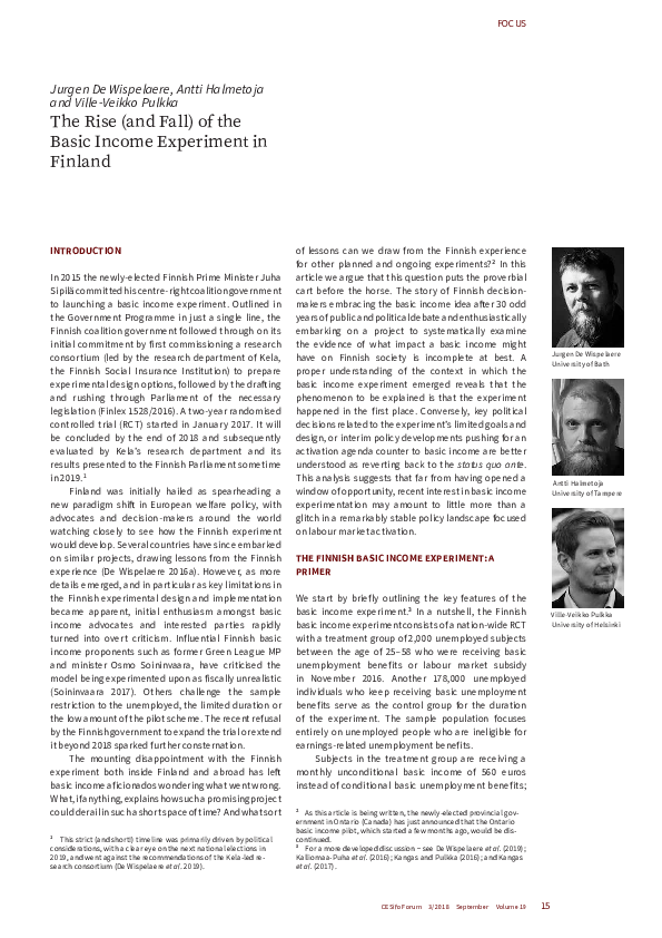 Pdf The Rise And Fall Of The Basic Income Experiment In Finland Jurgen De Wispelaere And Antti Halmetoja Academia Edu