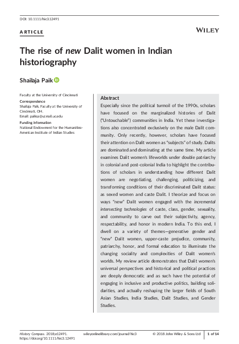 (PDF) The rise of new Dalit women in Indian historiography