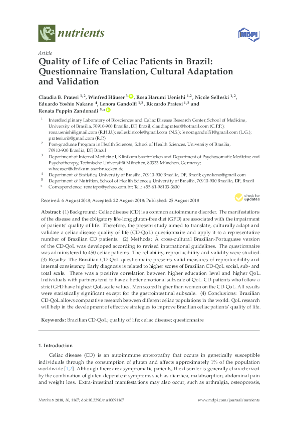 (PDF) Quality of Life of Celiac Patients in Brazil: Questionnaire ...