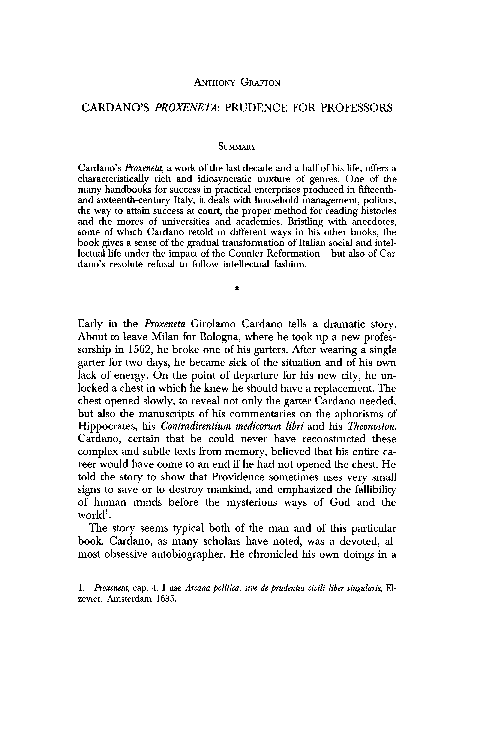 Anthony Grafton, “Cardano’s Proxeneta: Prudence for Professors,” Bruniana & Campanelliana, vol. 7, no. 2 (2001 [2002]): 363–380