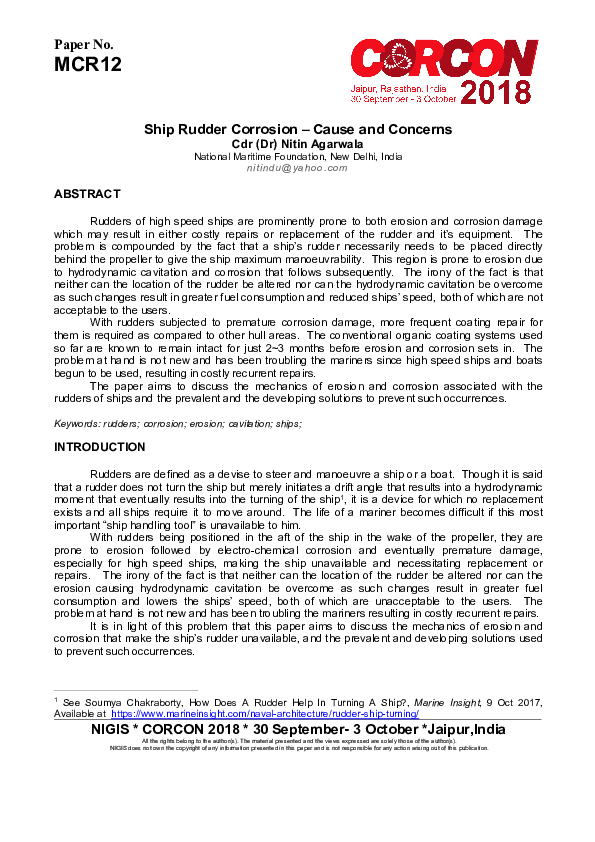 (PDF) Ship Rudder Corrosion – Cause and Concerns