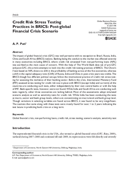 (PDF) Credit Risk Stress Testing Practices in BRICS: Post-global ...