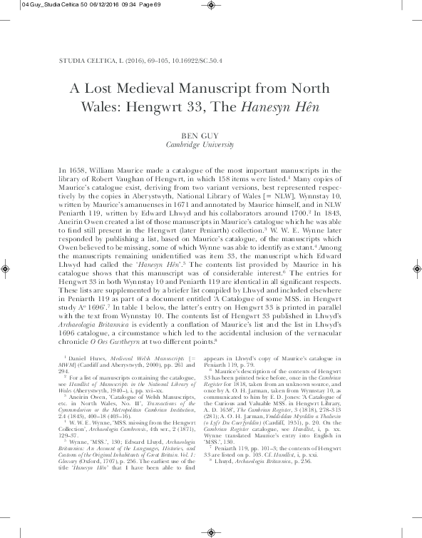 A Lost Medieval Manuscript from North Wales: Hengwrt 33, The Hanesyn Hên