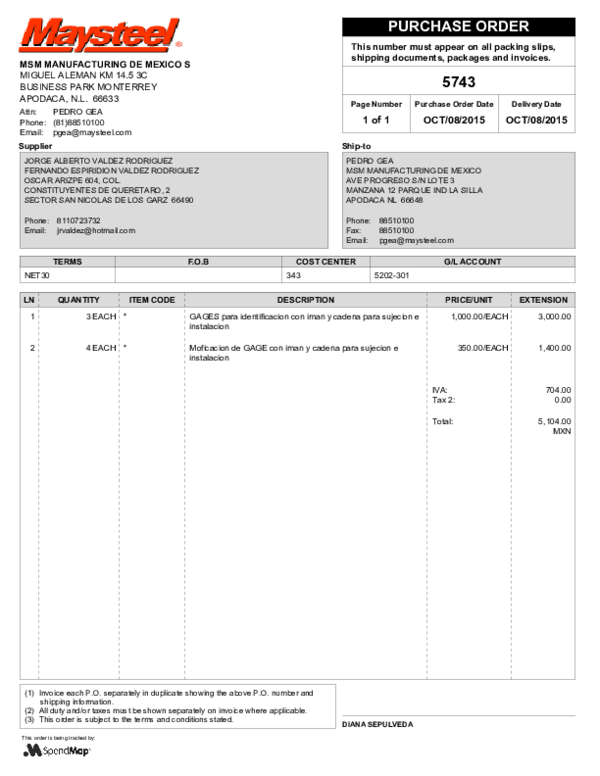 (PDF) PURCHASE ORDER MSM MANUFACTURING DE MEXICO S Valdez