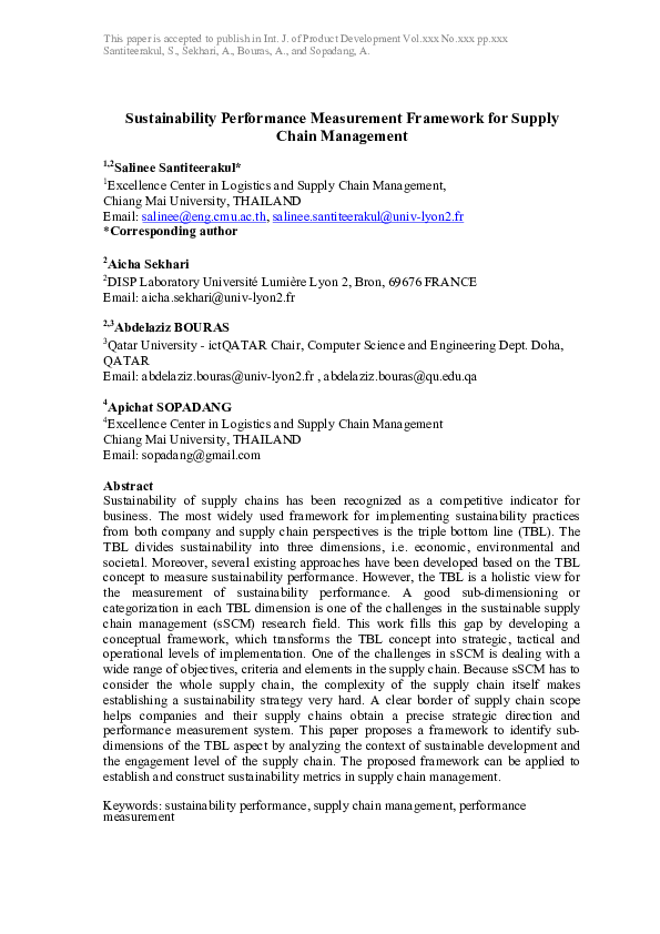 (PDF) Sustainability Performance Measurement Framework for Supply Chain ...