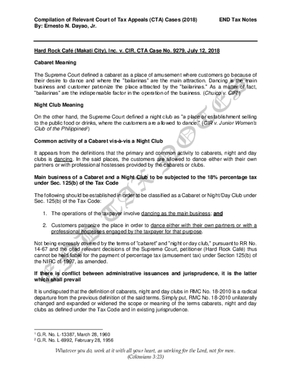 (PDF) Compilation of Relevant Court of Tax Appeals (CTA) Cases (2018