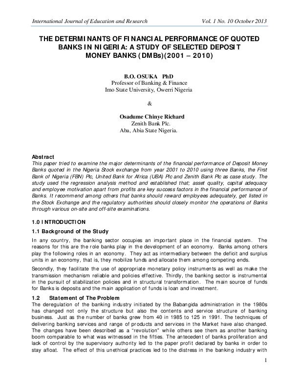 (PDF) THE DETERMINANTS OF FINANCIAL PERFORMANCE OF QUOTED BANKS IN