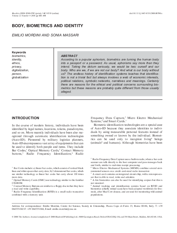 (PDF) Body, biometrics and identity