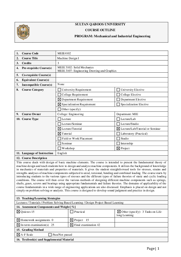 (PDF) Machine Design Course Outline FL 18 Sec 20 1 Abdul malk Al abri