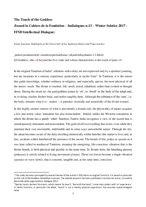 (DOC) The Touch of the Goddess (Issued in Cahiers de la Fondation Indialogues n.13 Winter
