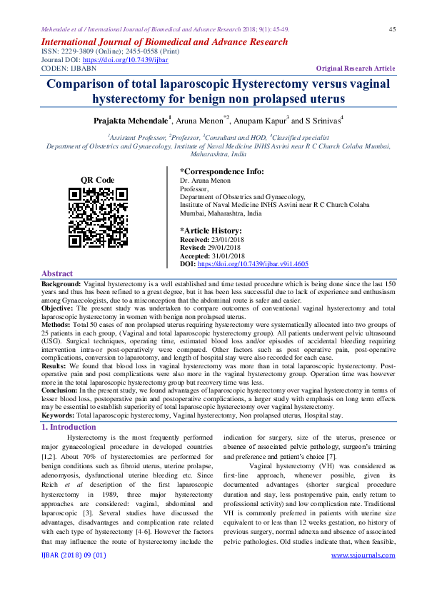 (PDF) Comparison of total laparoscopic Hysterectomy versus vaginal ...