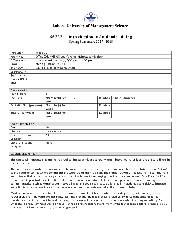 (PDF) (Course outline) Introduction to Academic Editing