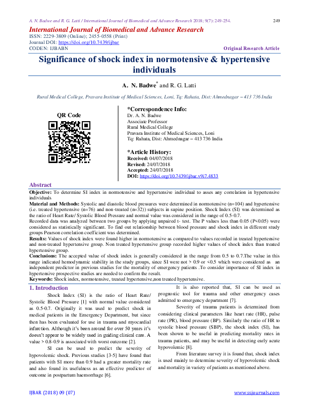 (PDF) Significance of shock index in normotensive & hypertensive ...