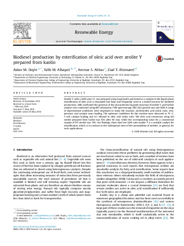 (PDF) Esterification of Oleic Acid Using Kaolin-Zeolite Y