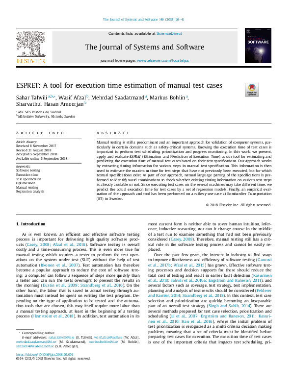 (PDF) ESPRET: A tool for execution time estimation of manual test cases