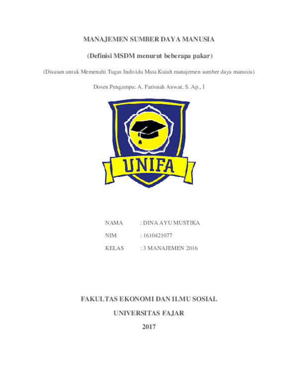 Doc Manajemen Sumber Daya Manusia Definisi Msdm Menurut Beberapa Pakar
