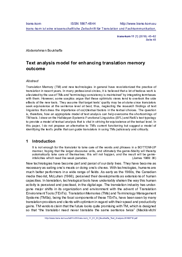 (PDF) Text analysis model for enhancing translation memory outcome