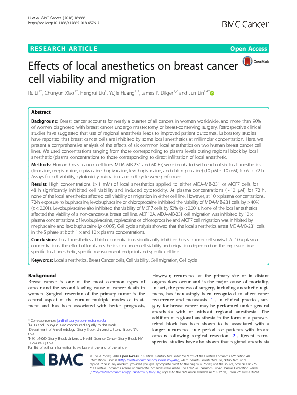 (PDF) Effects of local anesthetics on breast cancer cell viability and ...