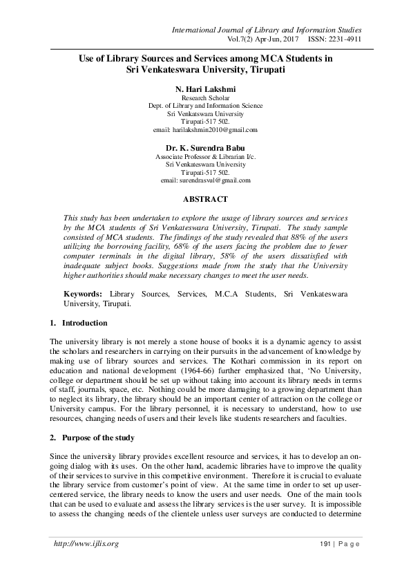 (PDF) Use of Library Sources and Services among MCA Students in Sri Venkateswara University