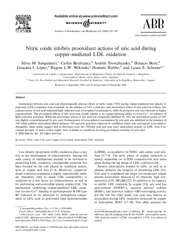 (PDF) Nitric oxide inhibits prooxidant actions of uric acid during