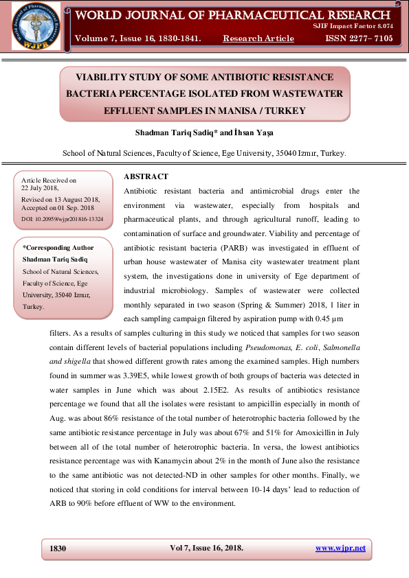 (PDF) VIABILITY STUDY OF SOME ANTIBIOTIC RESISTANCE BACTERIA PERCENTAGE ...