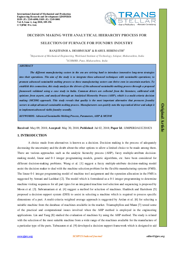 (PDF) DECISION MAKING WITH ANALYTICAL HIERARCHY PROCESS FOR SELECTION ...
