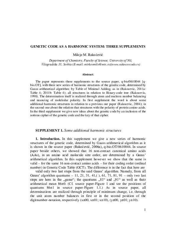(PDF) Genetic Code as a Harmonic System: two Supplements