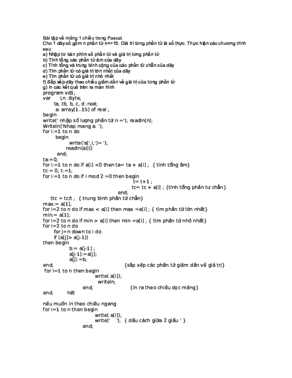 First page of “Bài tập về mảng 1 chiều trong Pascal (1)”