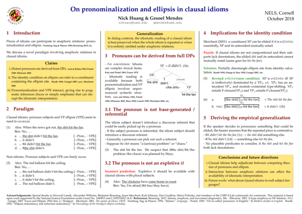 (PDF) On pronominalization and ellipsis in clausal idioms | Nick Huang ...