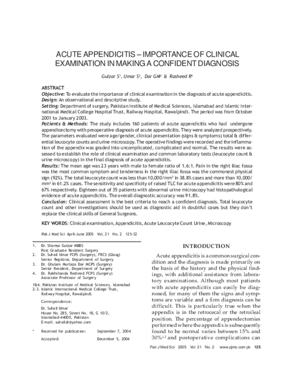 (PDF) Acute appendicitis importance of clinical examination in making a ...