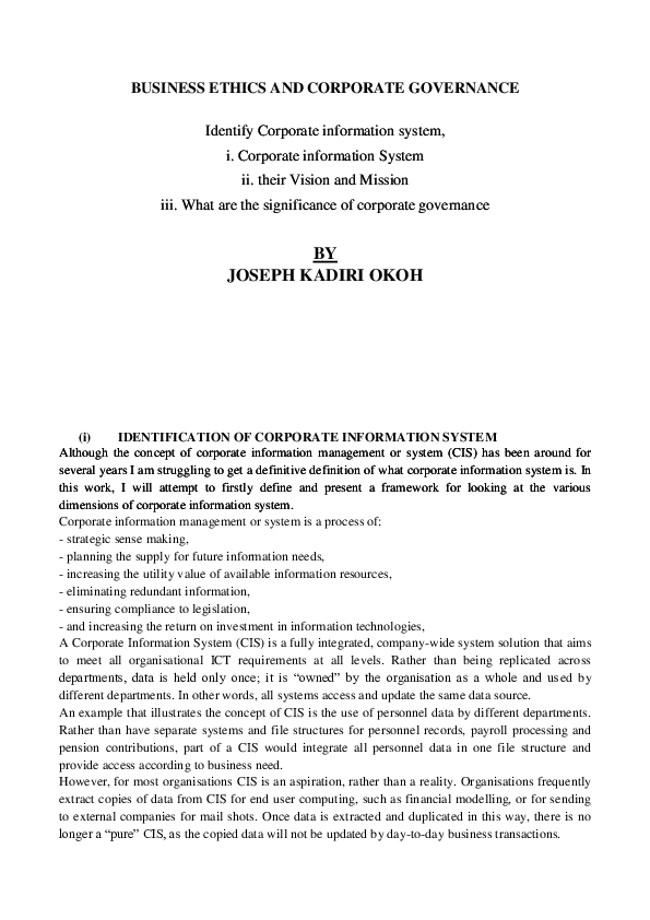 (DOC) BUSINESS ETHICS AND CORPORATE GOVERNANCE
