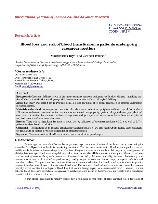 (PDF) Blood loss and risk of blood transfusion in patients undergoing