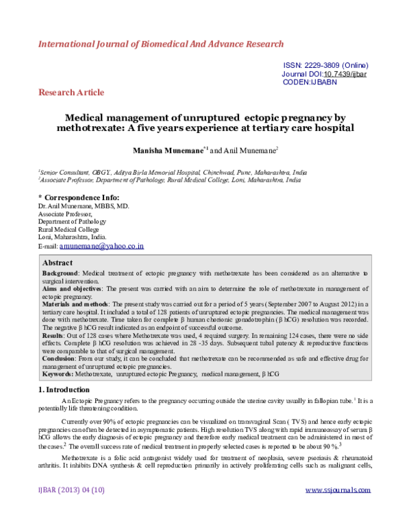 (PDF) Medical management of unruptured ectopic pregnancy by