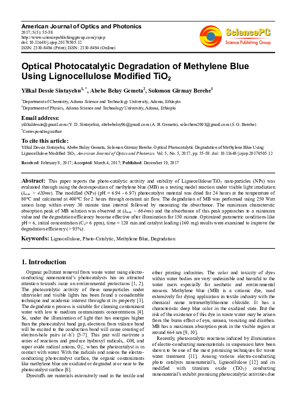 (PDF) Optical Photocatalytic Degradation of Methylene Blue Using ...