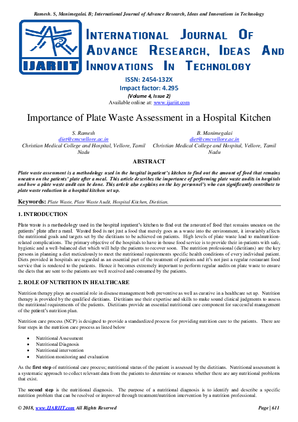 (PDF) Importance of Plate Waste Assessment in a Hospital Kitchen
