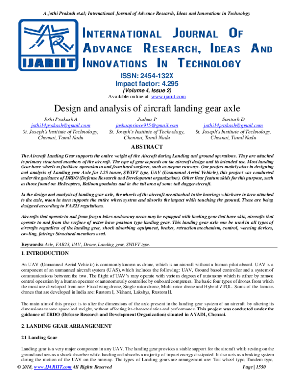 (PDF) Design and analysis of aircraft landing gear axle Ijariit