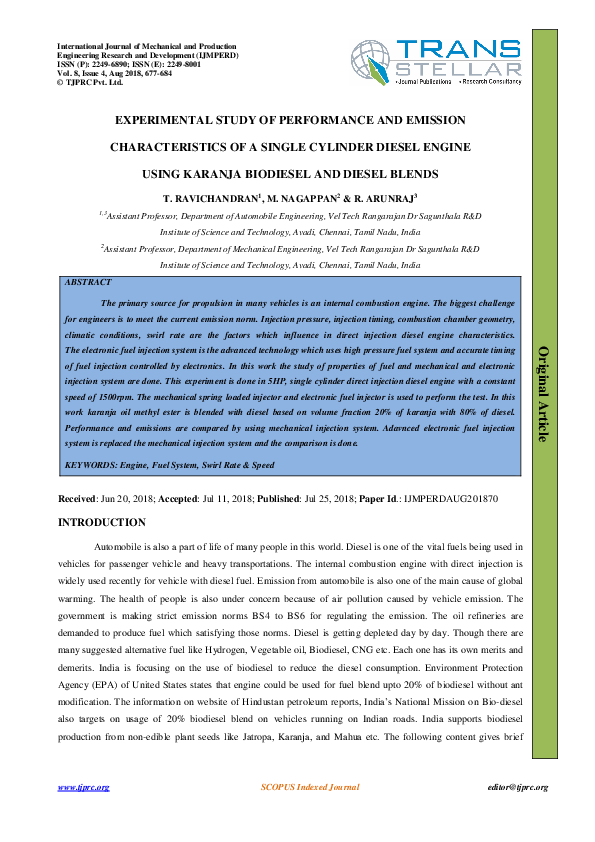 (PDF) EXPERIMENTAL STUDY OF PERFORMANCE AND EMISSION CHARACTERISTICS OF ...