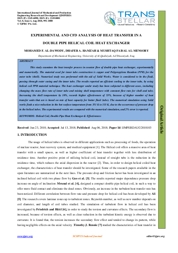 (PDF) EXPERIMENTAL AND CFD ANALYSIS OF HEAT TRANSFER IN A DOUBLE PIPE ...