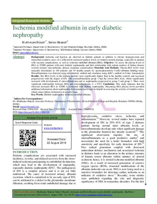 (PDF) Ischemia modified albumin in early diabetic nephropathy