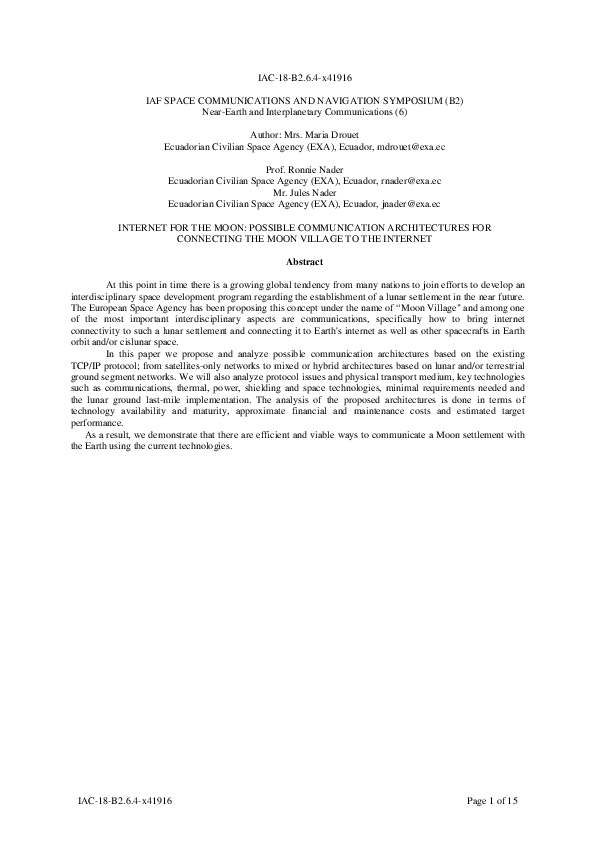 (PDF) INTERNET FOR THE MOON: POSSIBLE COMMUNICATION ARCHITECTURES FOR ...