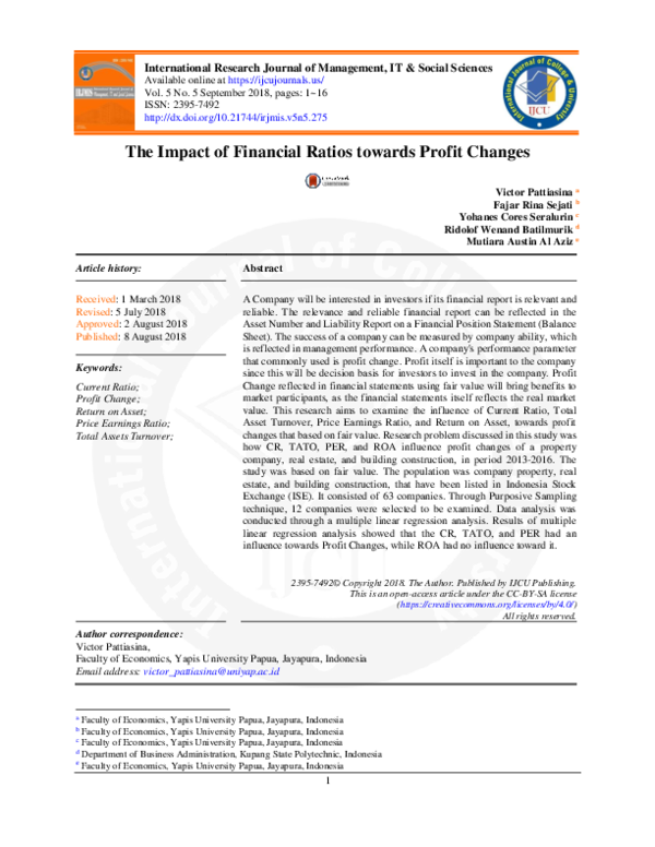 (PDF) The Impact of Financial Ratios towards Profit Changes