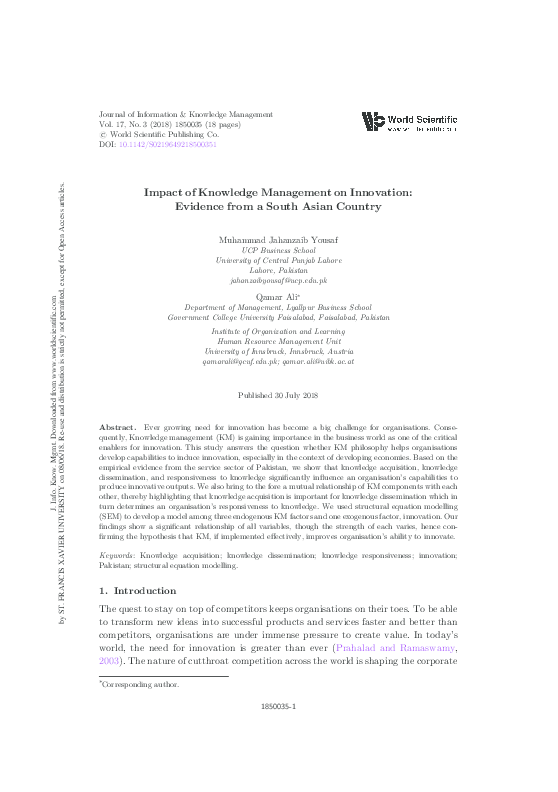(PDF) Impact of Knowledge Management on Innovation: Evidence from a ...