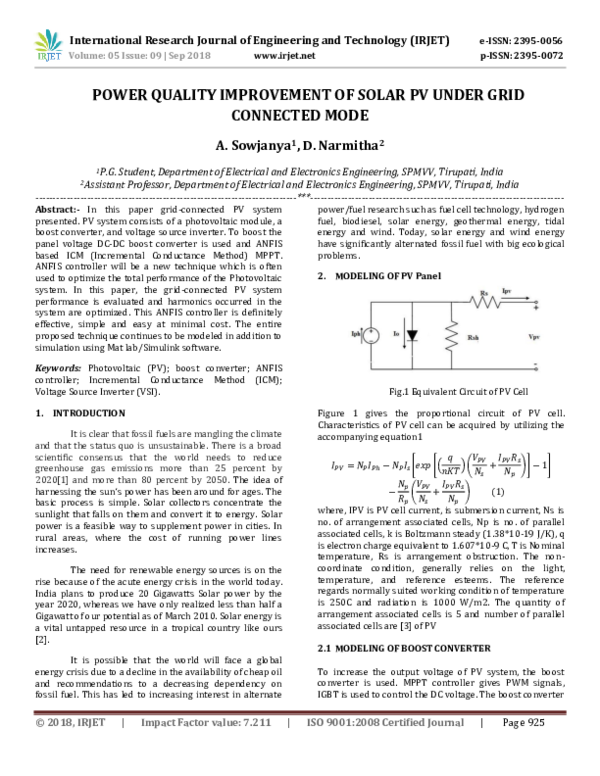 (PDF) IRJET- POWER QUALITY IMPROVEMENT OF SOLAR PV UNDER GRID CONNECTED ...