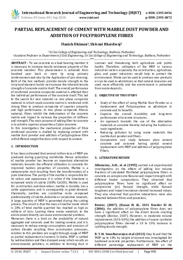 (PDF) IRJET- PARTIAL REPLACEMENT OF CEMENT WITH MARBLE DUST POWDER AND ...