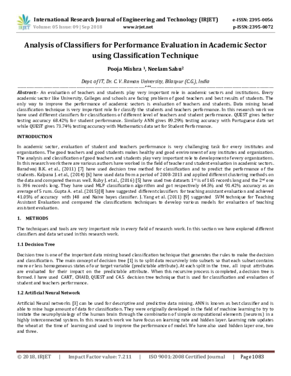 (PDF) IRJET- Analysis of Classifiers for Performance Evaluation in ...