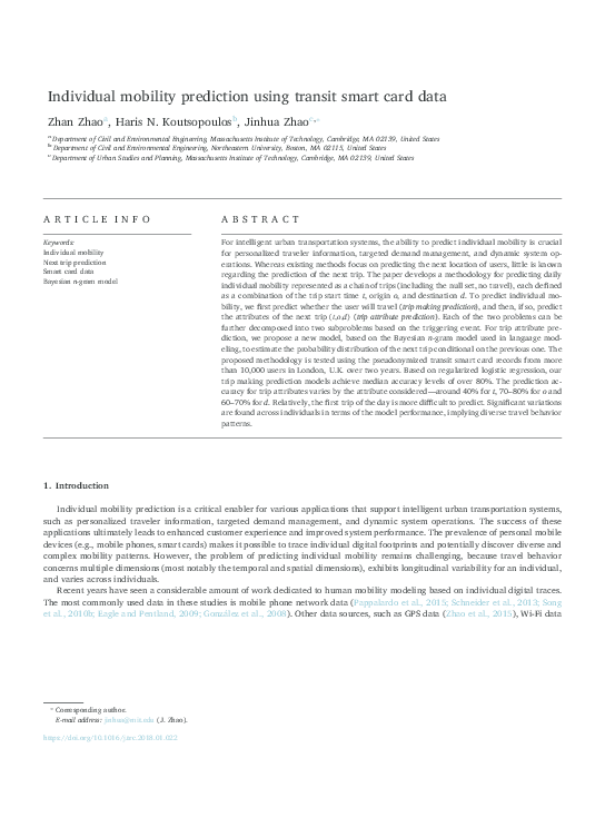 (PDF) Individual mobility prediction using transit smart card data