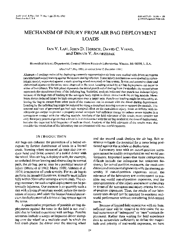 (PDF) Mechanism of injury from air bag deployment loads Ian Lau