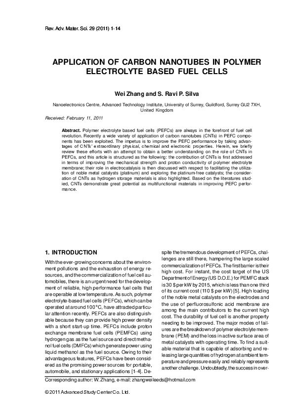 (PDF) APPLICATION OF CARBON NANOTUBES IN POLYMER ELECTROLYTE BASED FUEL