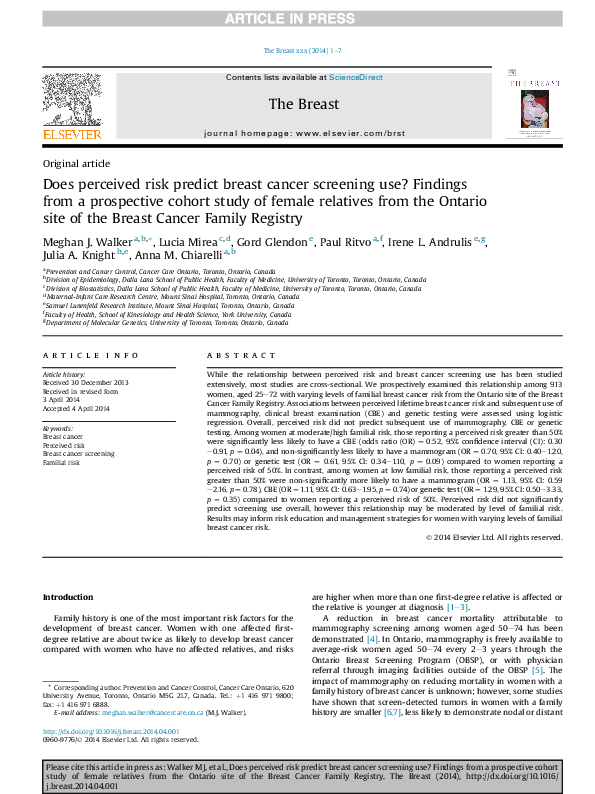 (PDF) Does perceived risk predict breast cancer screening use? Findings