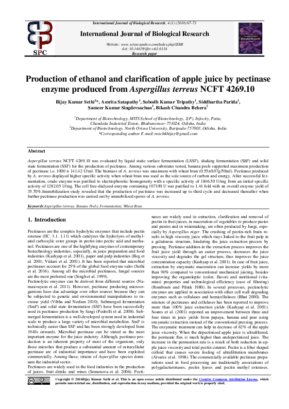 (PDF) Production of ethanol and clarification of apple juice by pectinase enzyme produced from